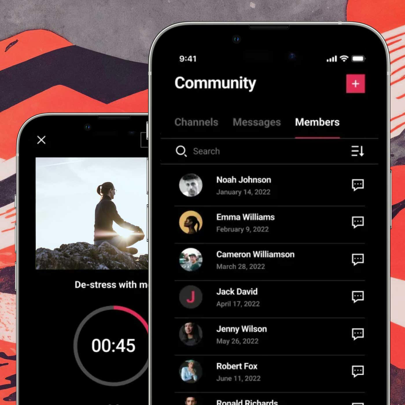 app screenshots of community and mental health exercises